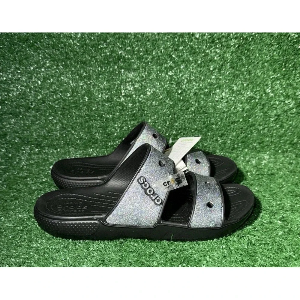 NEW! Crocs Glitter Strap Slide Sandals Black Silver Women's Size 14 Men's‎ 12